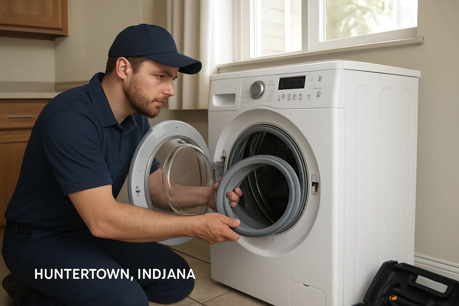 Technician repairing an appliance in a Huntertown home