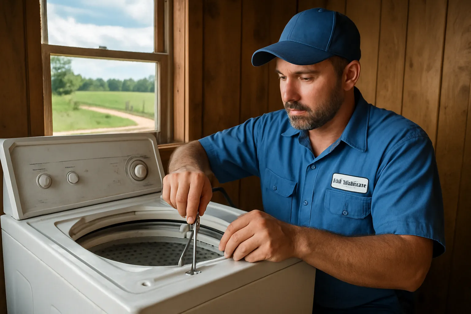 Technician repairing an appliance in a Leo-Cedarville home