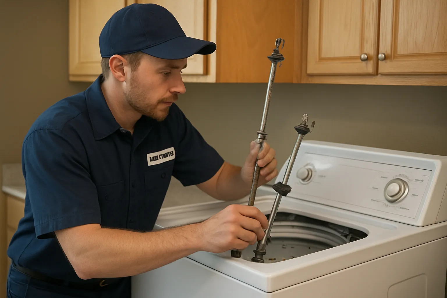 Technician repairing an appliance in a New Haven home