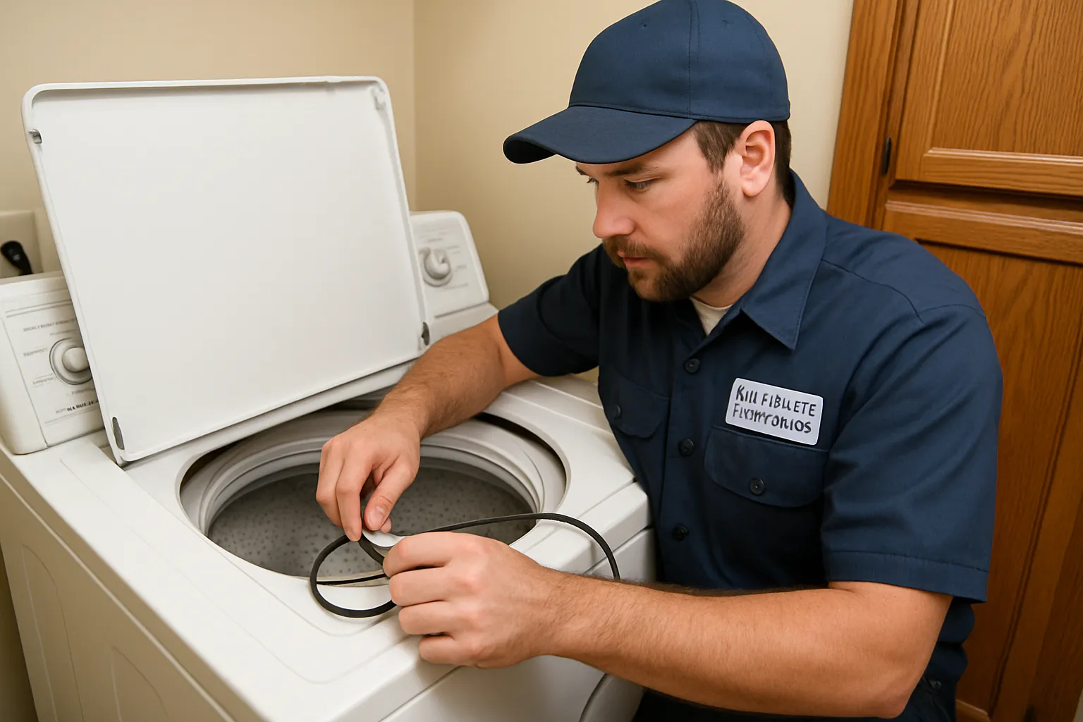 Technician repairing an appliance in a Southwest Fort Wayne home