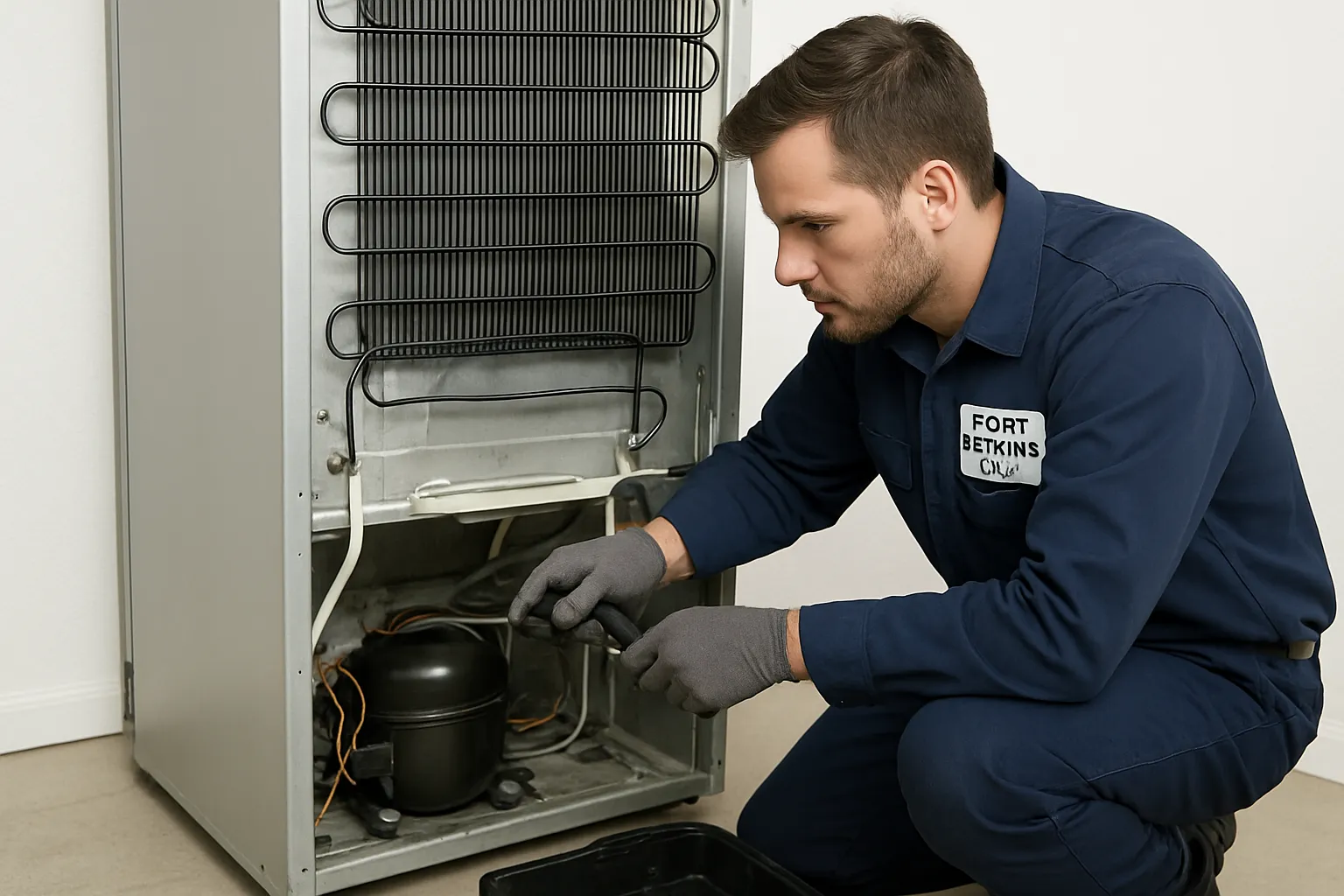 Technician diagnosing a blocked defrost drain on a Fort Wayne refrigerator