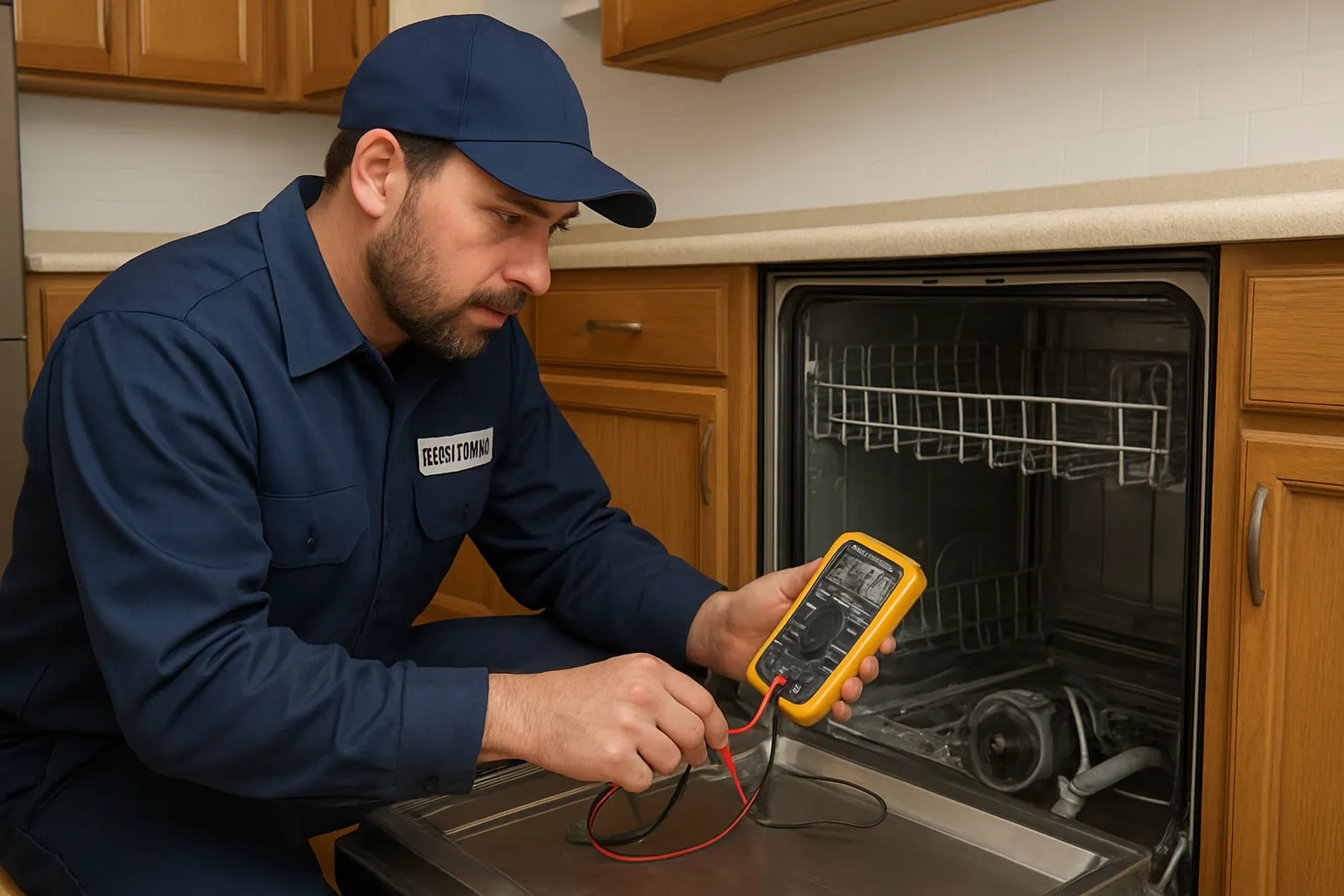 Technician testing a dishwasher drain pump with a multimeter in a Fort Wayne kitchen