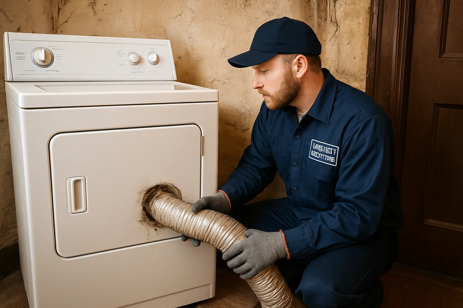 Technician clearing a compacted lint duct run behind a dryer in an older Fort Wayne home