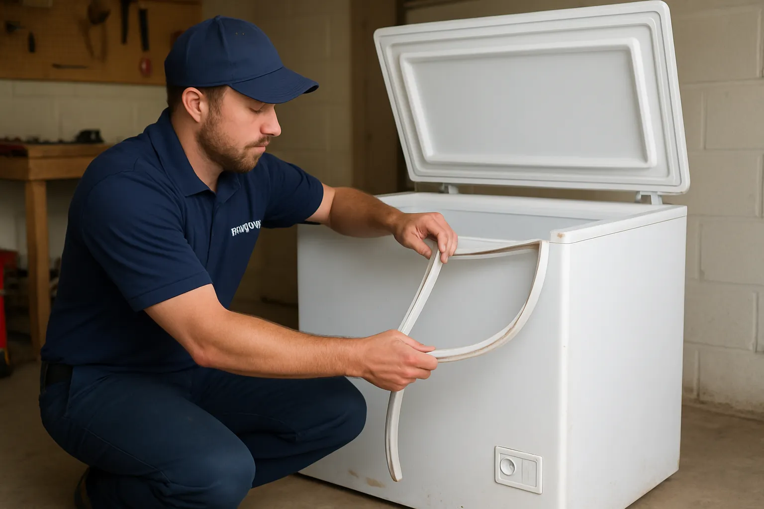 Technician replacing a worn door gasket on a garage chest freezer