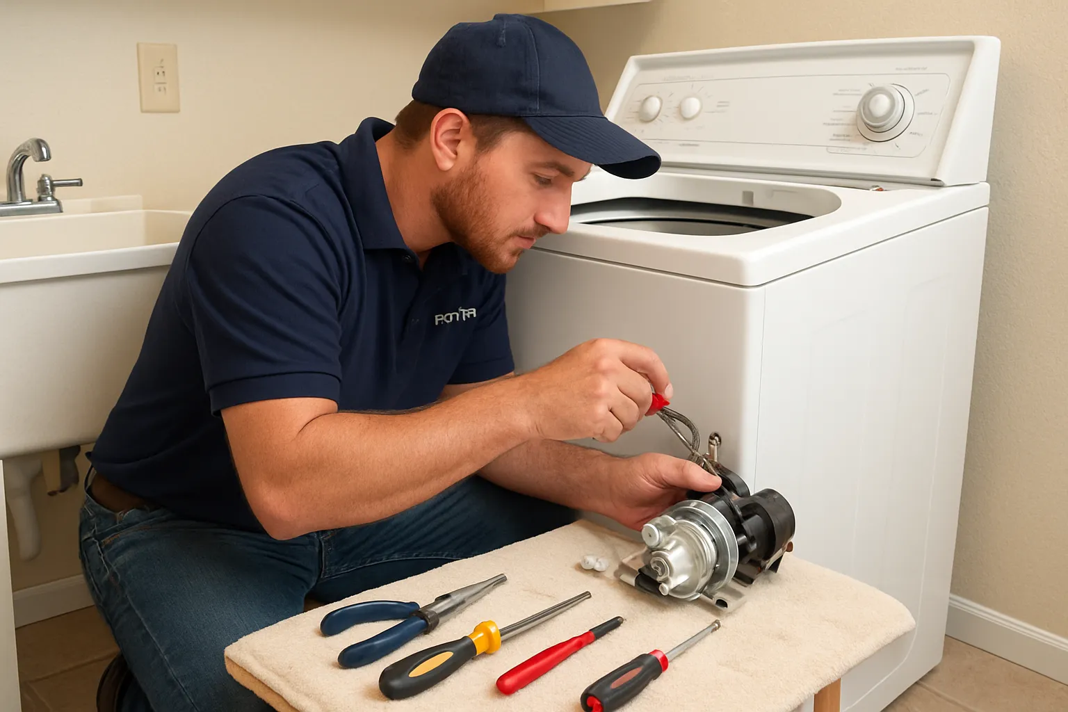 Technician repairing a top-load washer drain pump in a Fort Wayne home
