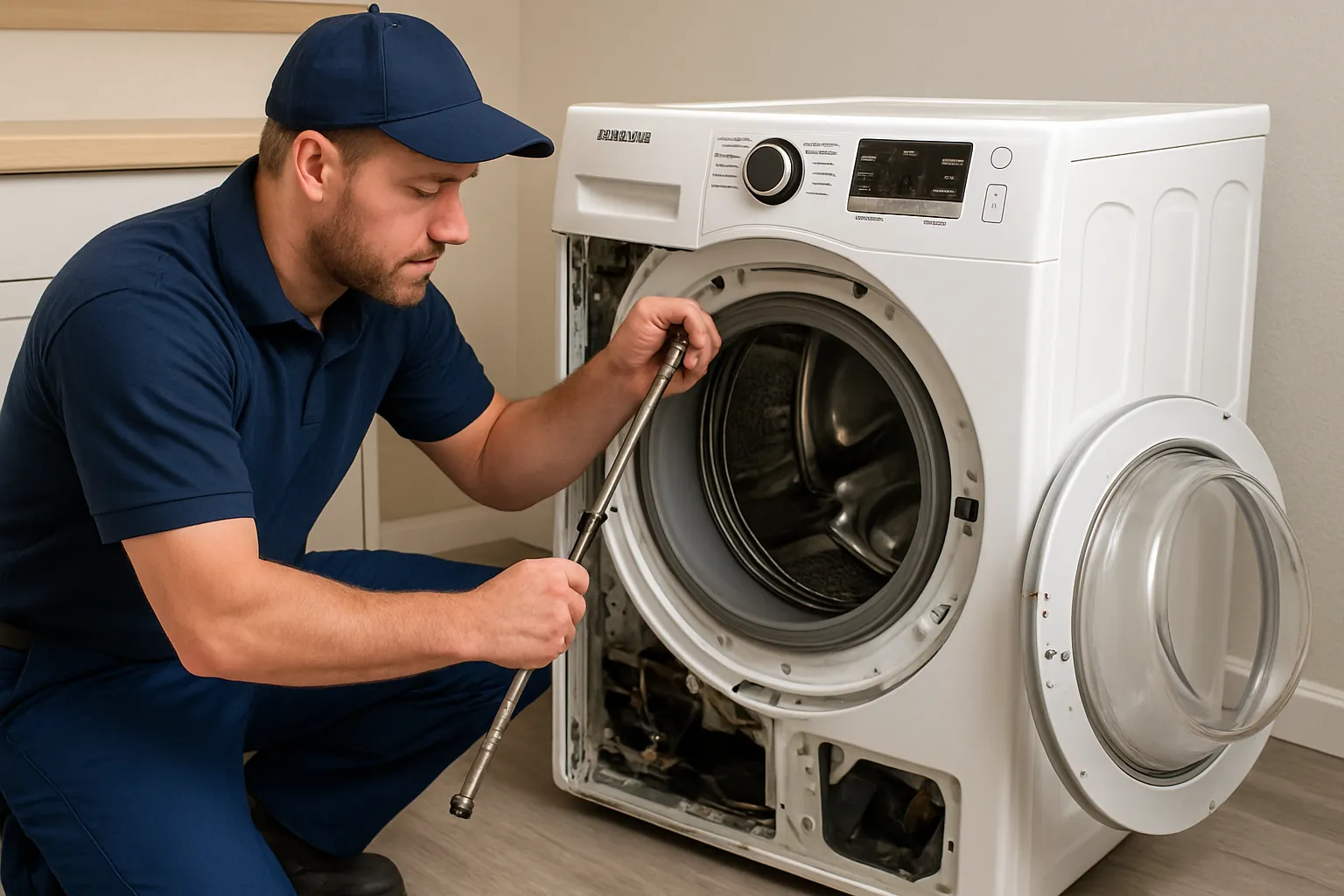 Technician replacing a suspension rod on a front-load Samsung washer